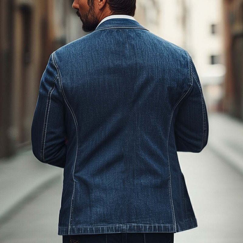 Men'S Dark Blue Textured Washed Denim Blazer