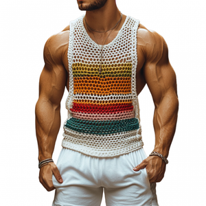 Men's Casual Round Neck Color Striped Crochet Tank Top