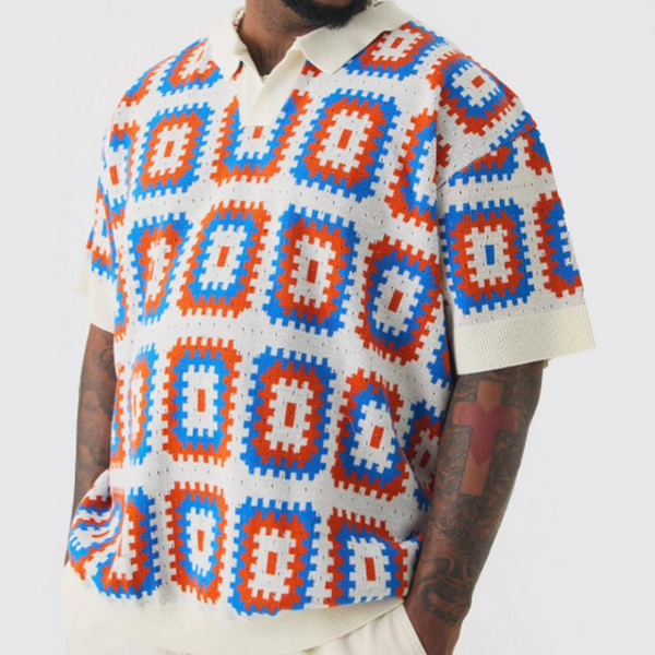 Men's Summer Fashion Casual Vacation Lapel Hollow Color Knitted Short-sleeved T-shirt