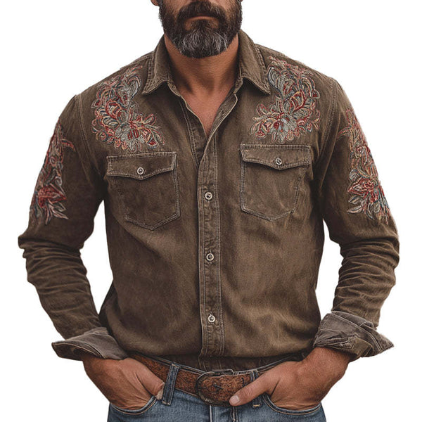 Herren-Jeanshemd mit Vintage-Stickerei und langen Ärmeln