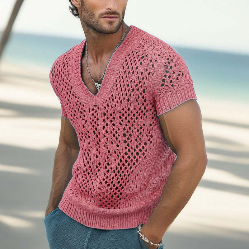 Sommermode für Herren, V-Ausschnitt, gestricktes Mesh, atmungsaktives T-Shirt