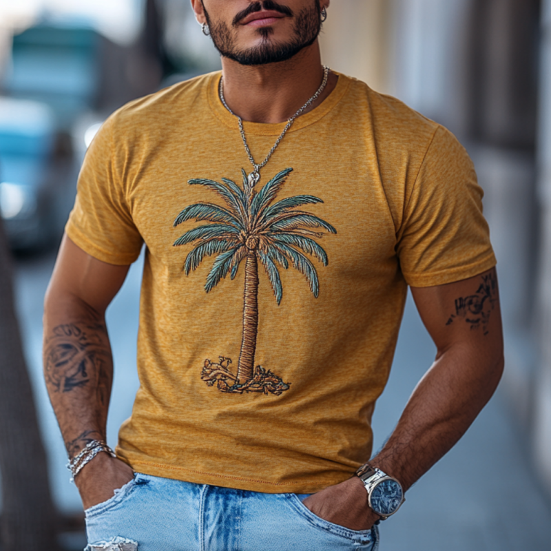 Lässiges Herren-T-Shirt aus Baumwolle mit Kokosnussbaum-Stickerei, Rundhalsausschnitt, schmale Passform, kurzärmelig