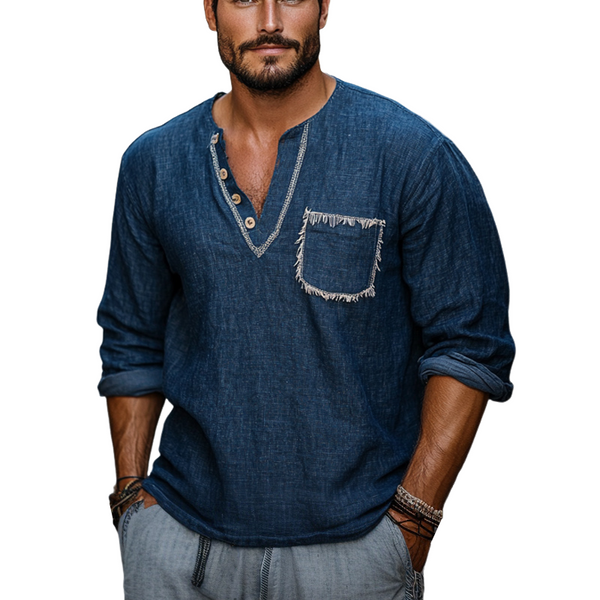 Men's Retro Navy V-neck Casual Long Sleeve T-shirt