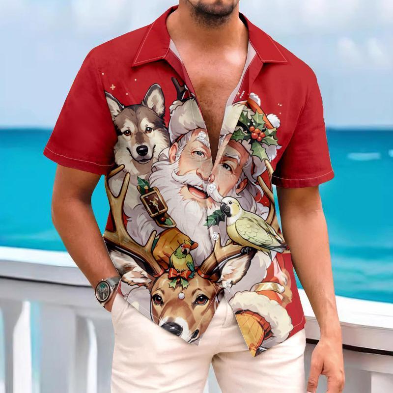 Herren Vintage Casual Weihnachtsmann Weihnachten Revers Kurzarmhemd