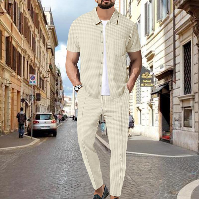 Herren-Set aus kurzärmligem Hemd und Hose mit Waffelmuster in Volltonfarbe