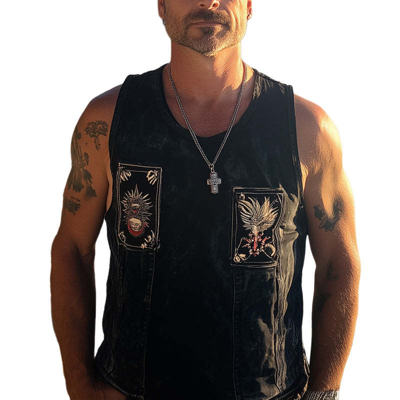 Men's Summer Retro Washed Distressed Denim Embroidered Tank Top