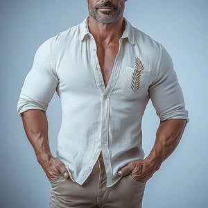 Men's Solid Color Casual Pocket Embroidery Long Sleeve Shirt