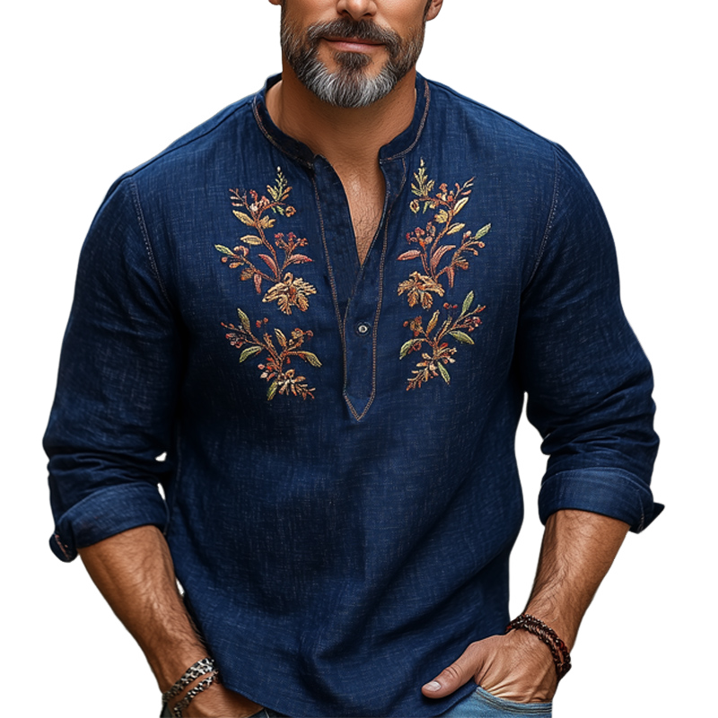 Marineblaues Langarm-T-Shirt aus Baumwolle und Leinen mit Vintage-Stickerei für Herren
