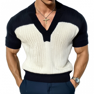 Men's Casual Contrast Color V-Neck Slim Fit Knitted Short Sleeve Sweater T-Shirt