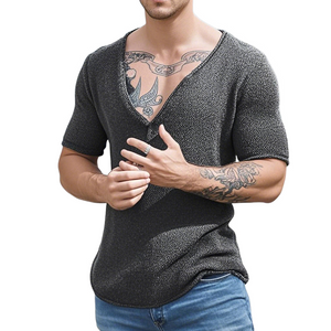 Men's Casual Solid Color V-Neck Slim Short Sleeve Knitted Sweater T-Shirt