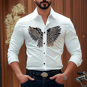 Men's Vintage Eagle Embroidery Cotton Slim Fit Long Sleeve Shirt