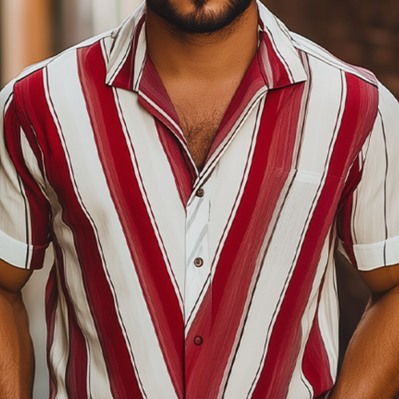 Men's Fashion Casual Striped Contrast Chiffon Short Sleeve Shirt