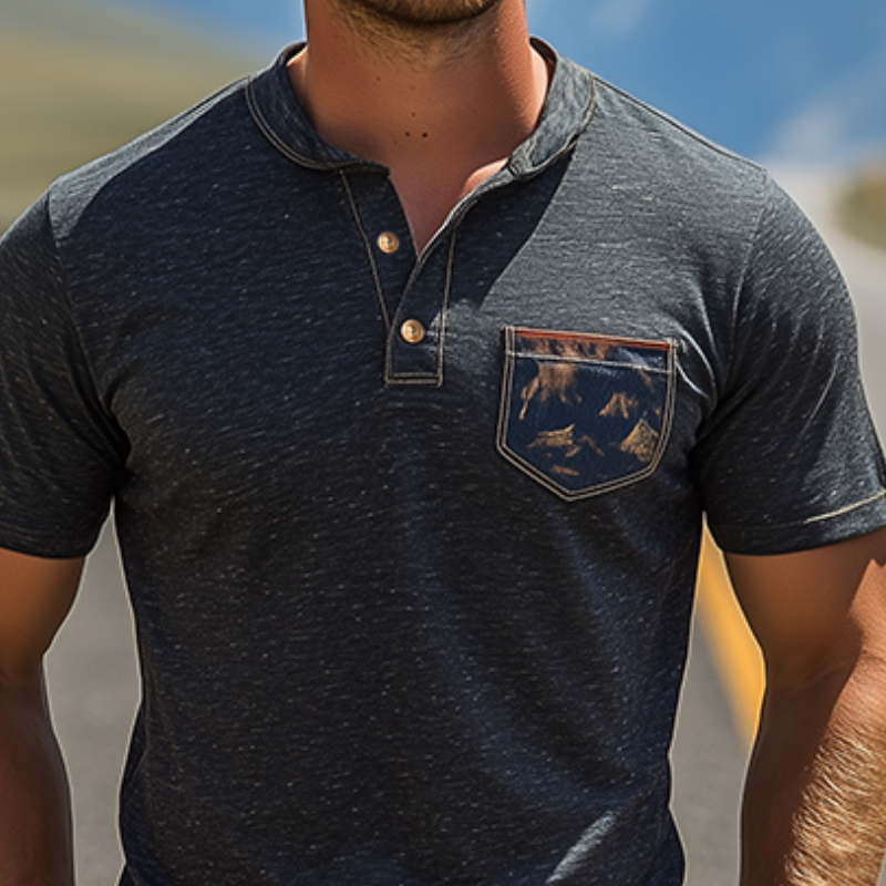 Klassisches Vintage-T-Shirt aus Baumwolle der Yellowstone Park-Serie mit Henley-Kragen für Herren