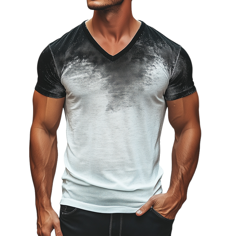 Men's Retro Casual Gradient Printed V-Neck Short Sleeve T-Shirt
