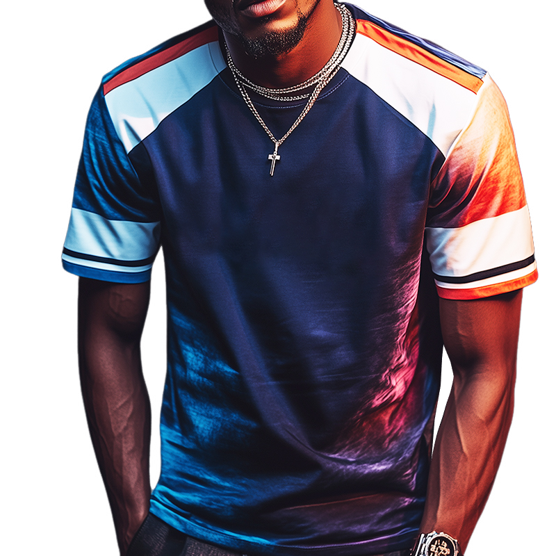 Men's Retro Casual Contrast Color Stitching Round Neck Short Sleeve T-Shirt