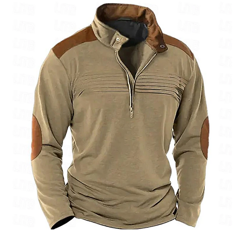 Men's Vintage Color Block Standing Collar Long Sleeve T-shirt