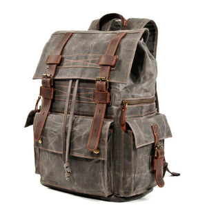 Men's Vintage Beeswax Canvas Outdoor Leather Multi-Pocket Backpack