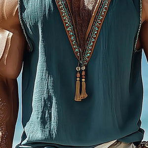 Herren Sommer Tank Top mit V-Ausschnitt und Vintage-Stickerei