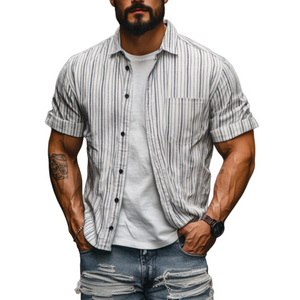 Men's Casual Cotton Linen Striped Lapel Single Breasted Loose Short Sleeve Shirt