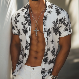 Men's Casual Printed Lapel Loose Short-sleeved Shirt