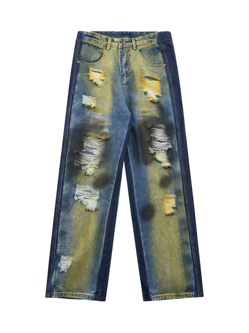 Hip-hop Washed Distressed Loose Spray-dyed Jeans