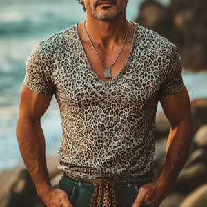 Men's Summer Comfortable V-Neck Leopard Print T-Shirt