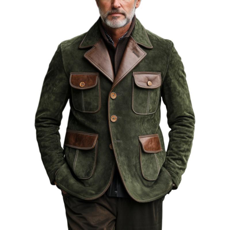 Men's Vintage Suede And Leather Multi-Pocket Single-Breasted Blazer
