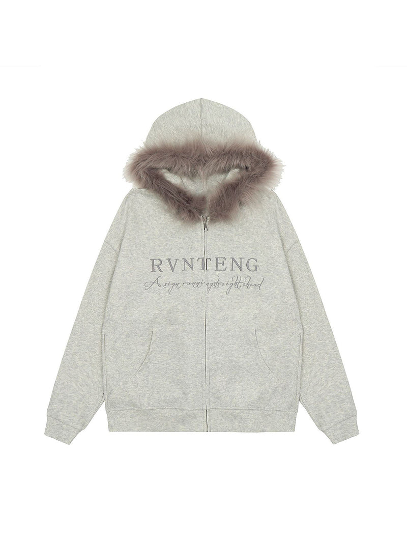 Letter Embroidered Fur Hooded Fleece Jacket