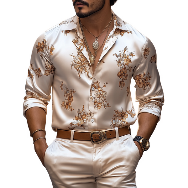 Herren Frühlings- und Sommermode Retro Blumendruck Satin Langarmhemd