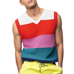 Men's Casual V Neck Contrast Color Striped Soft Knitted Tank Top