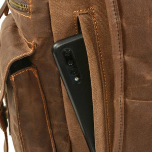 Men's Vintage Beeswax Canvas Outdoor Leather Multi-Pocket Backpack