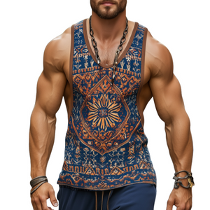 Herren-Tanktop im Retro-Stil, lässig, ethnischer Stil, geometrischer Druck, Rundhalsausschnitt