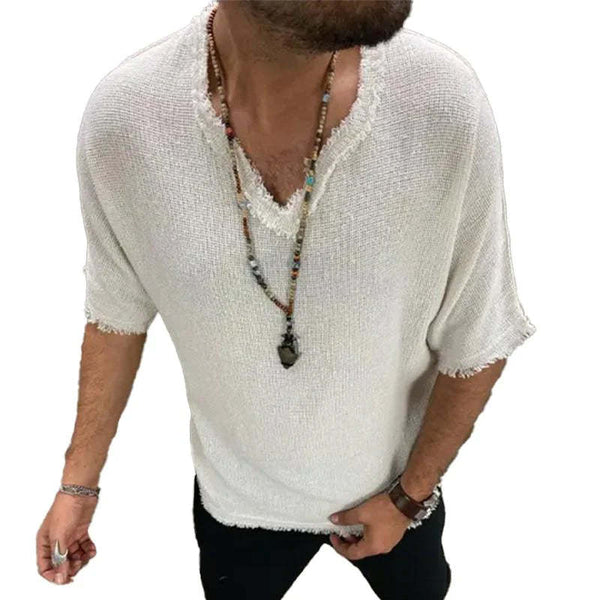 Men's Cotton And Linen Loose V-neck Short-sleeved T-shirt