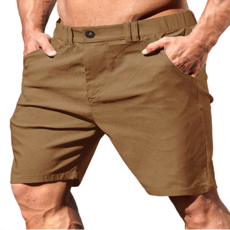 MEN'S SOLID COLOR CASUAL ELASTIC WAIST ZIPPERED POCKET SHORTS