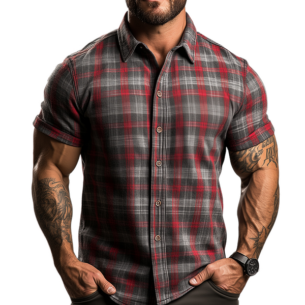 Men's Retro Casual Plaid Print Lapel Short Sleeve Shirt MTA1782C7TO