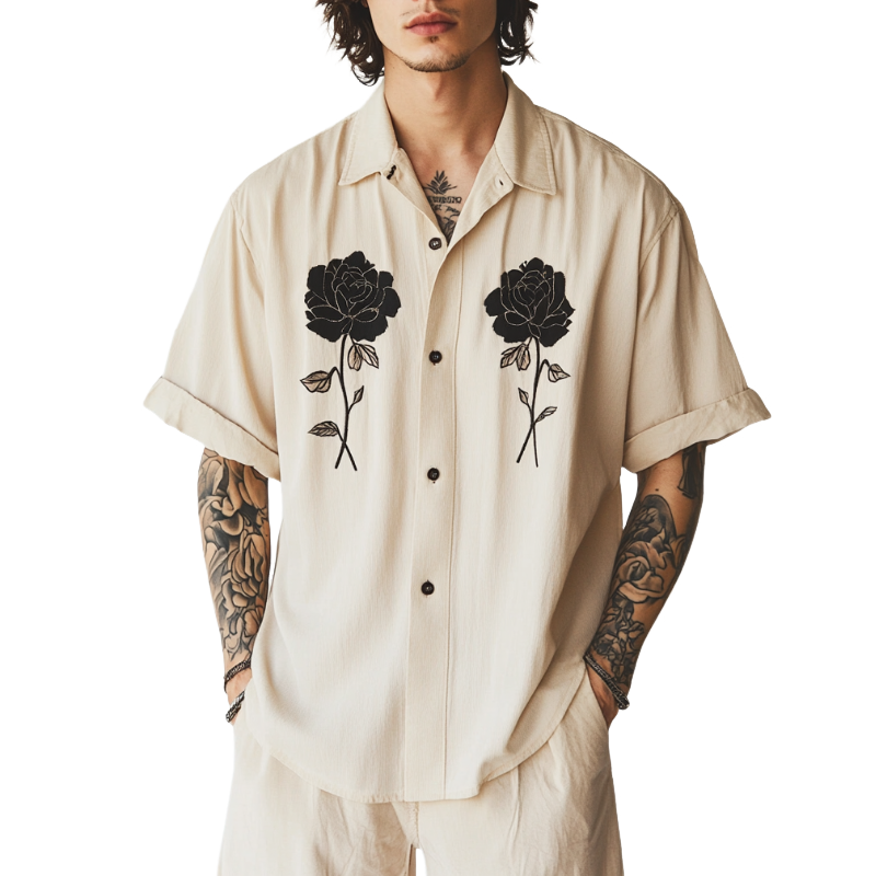 Herren Casual Baumwolle Leinen Rose Stickerei Revers Lose Kurzarmhemd