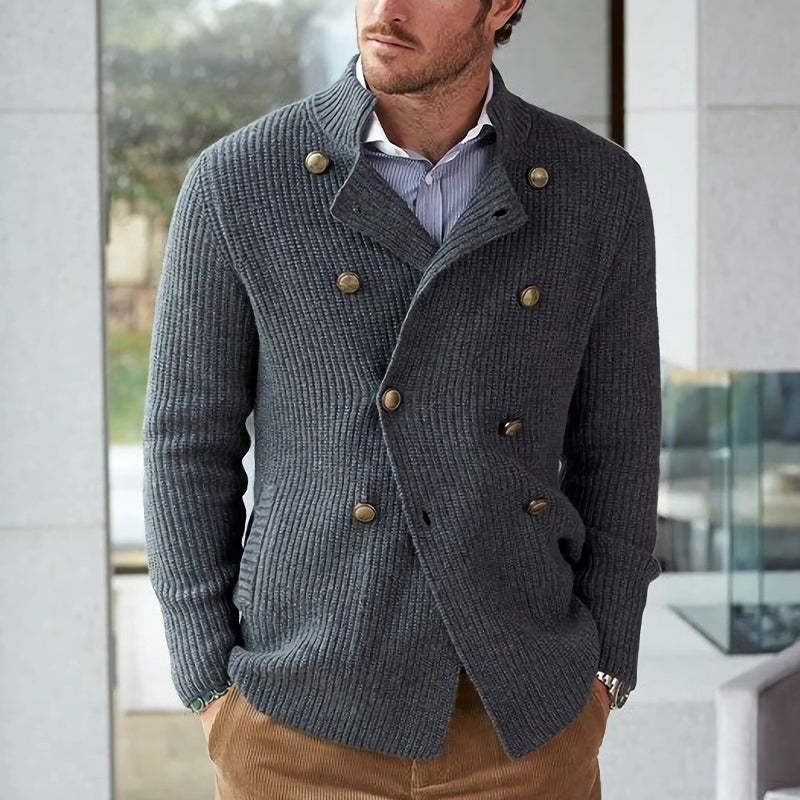 Men's Spring And Autumn Dark Gray Double-Breasted Casual Knitted Cardigan