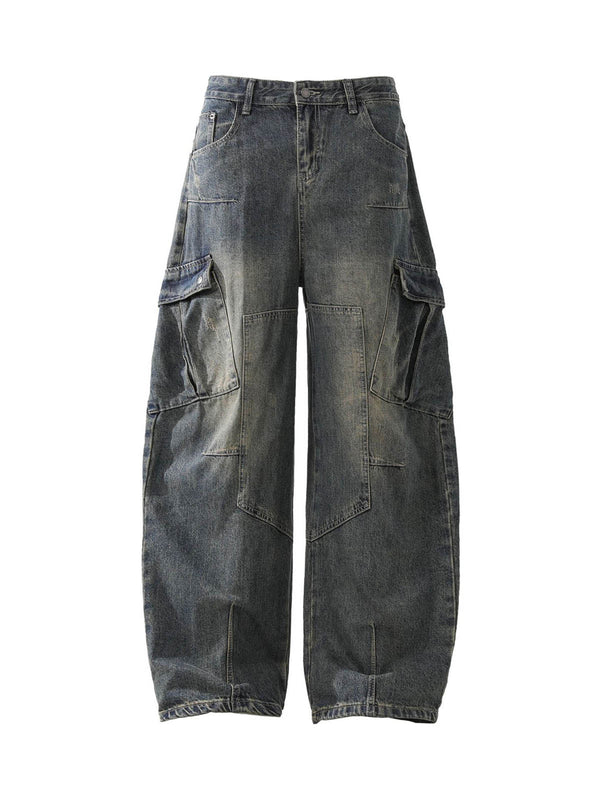 Washed Multi-Pocket Baggy Barrel Cargo Jeans