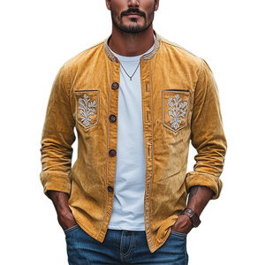 Men's Spring Fashion Retro Embroidered Suede Long Sleeve Shirt