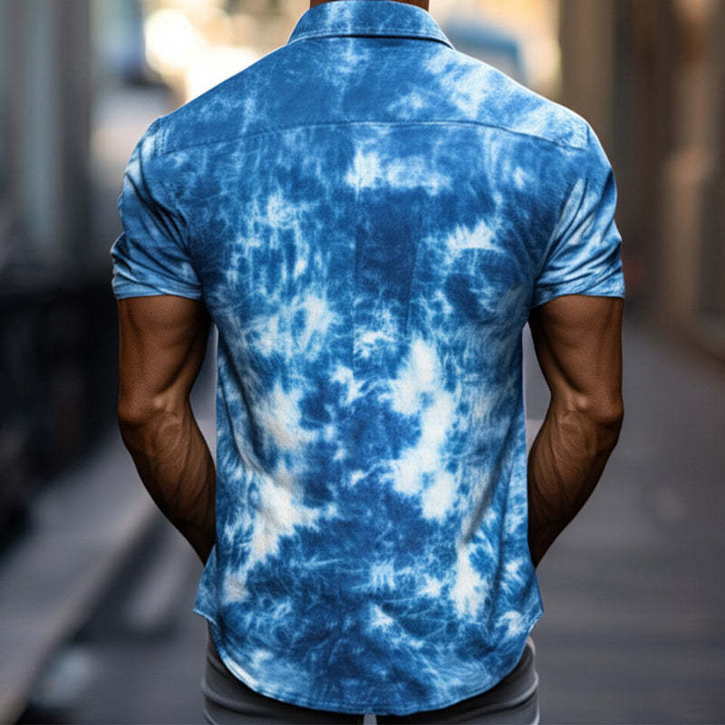 Herren Sommer Blau Tie-Dye Baumwolle Casual Kurzarmhemd