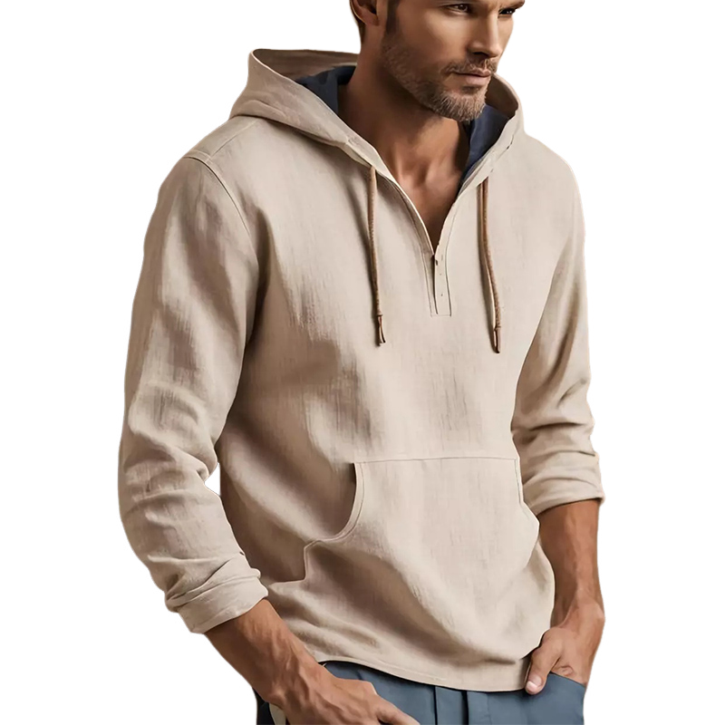 Men's Casual Apricot Cotton And Linen Hoodie
