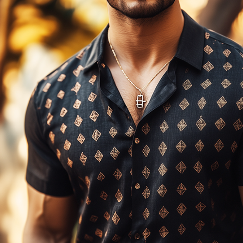 Herren Retro Casual Geometrischer Druck Leinen Revers Kurzarmhemd