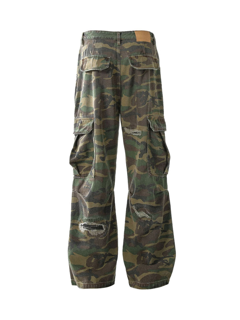 Ripped Camouflage Flared Cargo Pants