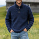 Men's Vintage Dark Blue Two-Button Stand Collar Knit Sweater