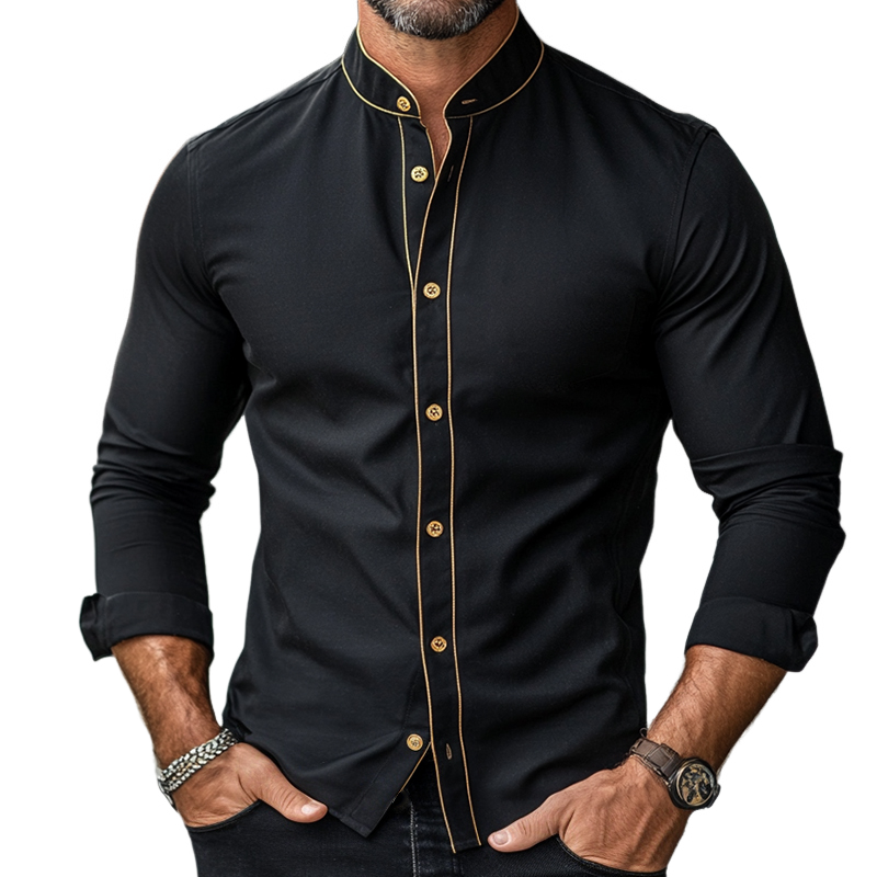 Men's Retro Casual Colorblock Printed Stand Collar Long Sleeve Shirt