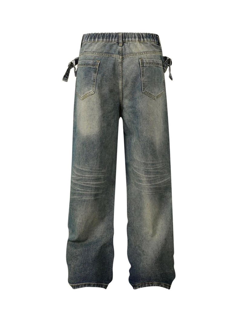 Washed Distressed Waistband Straight Jeans