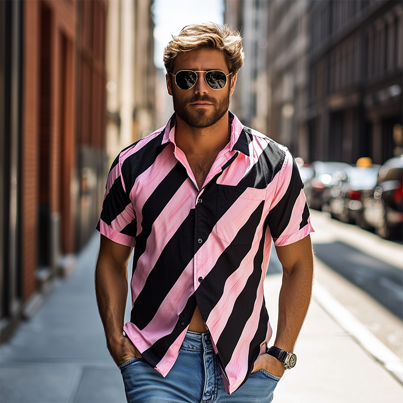 Men's American Casual Striped Printed Chiffon Short Sleeve Shirt