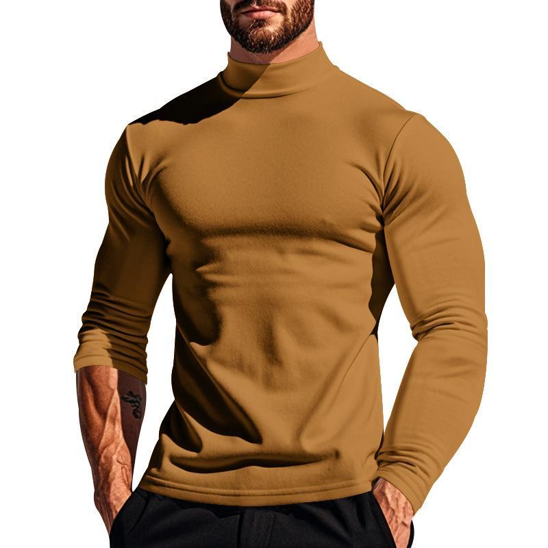 Men's Solid Color Plush Half High Collar Long Sleeve T-shirt