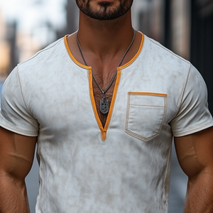 Herrenmode, schmales, lässiges T-Shirt aus strukturiertem Wildleder mit tiefem V-Ausschnitt und kurzen Ärmeln