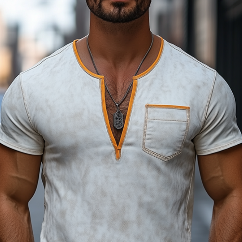 Men's Fashion Slim Casual Deep V-Neck Textured Suede Short Sleeve T-Shirt